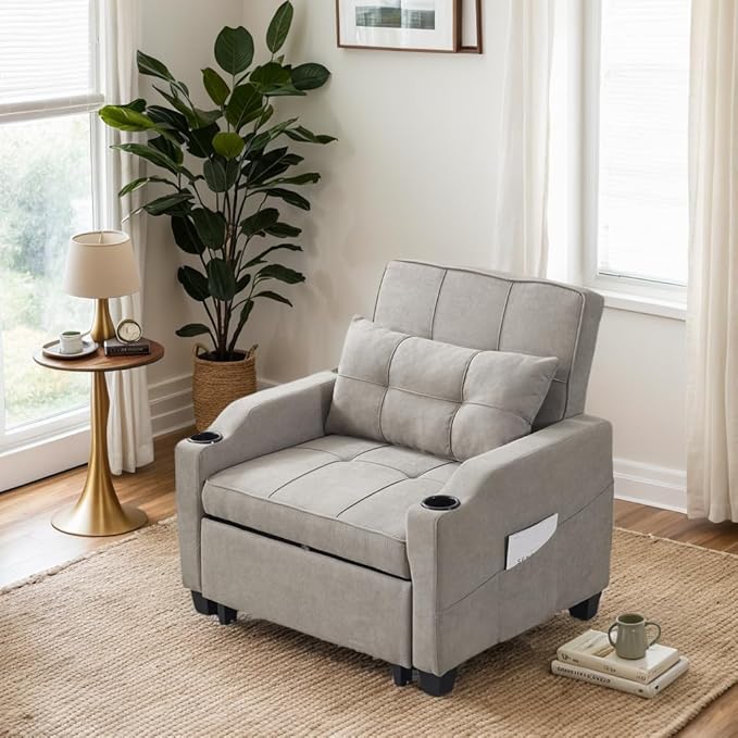 Zimtown Sleeper Chair 3-in-1 Multi-Functional Pull-Out Sofa Bed Adjustable Back Futon Sofa with USB Side Pocket Cup Holder for Living Room/Apartment/Office/Small SpaceLight Gray