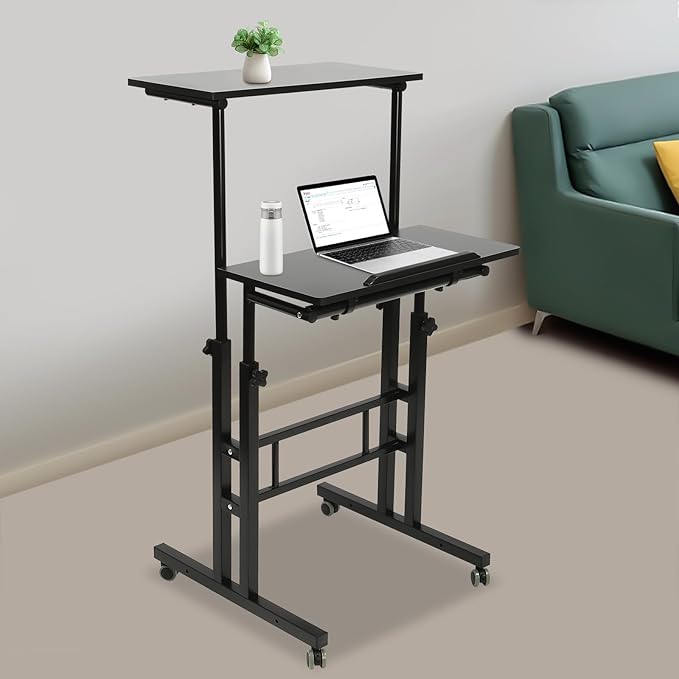 Movable Standing Desk Adjustable Height &amp Angle Rolling Lifting Laptop Podium Desk Side Table Tilting Panel Mobile Standing for Office Teacher Classroom School Meeting Room Study Room (Black)