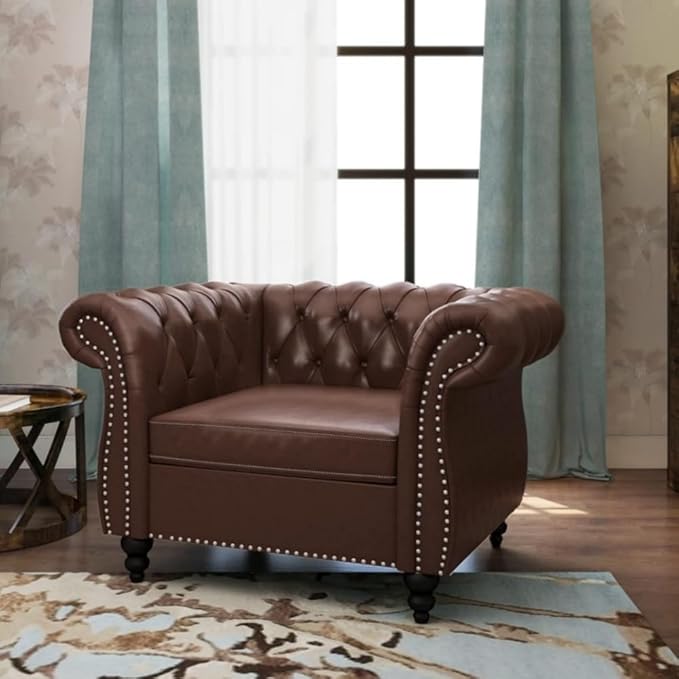 Living Room Chair Modern Leather Chesterfield Sofa Chair Mid Century Single Sofa Couch Chair with Tufted Back and Rolled Arms Accent Sofa Chair for Living Room Apartment Brown