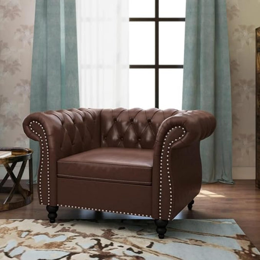 Living Room Chair Modern Leather Chesterfield Sofa Chair Mid Century Single Sofa Couch Chair with Tufted Back and Rolled Arms Accent Sofa Chair for Living Room Apartment Brown