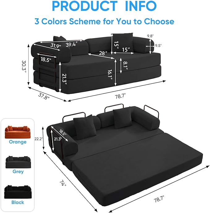 Mjkone 78.7 W Convertible Folding Mattress Couch with Armrest Corduroy Floor Sofa Bed with Metal Fixed-Shape Frame 5-in-1 DIY Futon Lazy Sofa Cama Lounge Couch for Living Room Bedroom Studio Grey