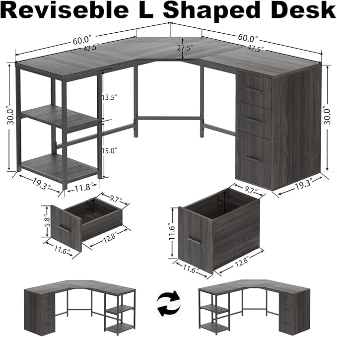 LVB 60 L Shape Home Office Desk with File Drawers Reversible Corner Table Workstation for Work Study Writing Gaming Large Wood Modern L-Shaped Computer Desk with Storage Cabinet Shelves Gray Oak