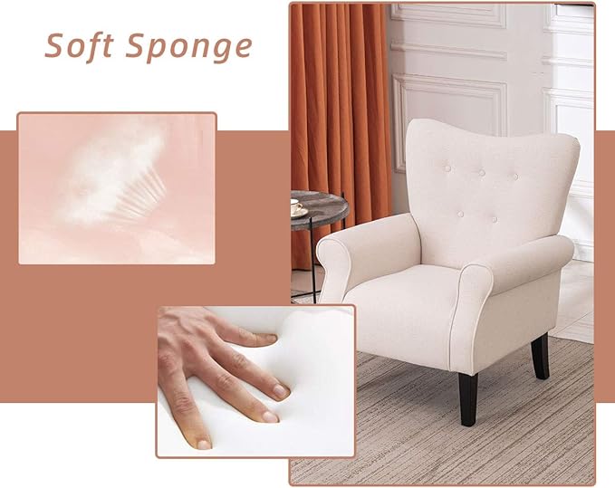 YOLENY Modern Accent ChairHigh Back ArmchairUpholstered Fabric Button Single Sofa with Wooden Legs for Living RoomBedroomClubBeige