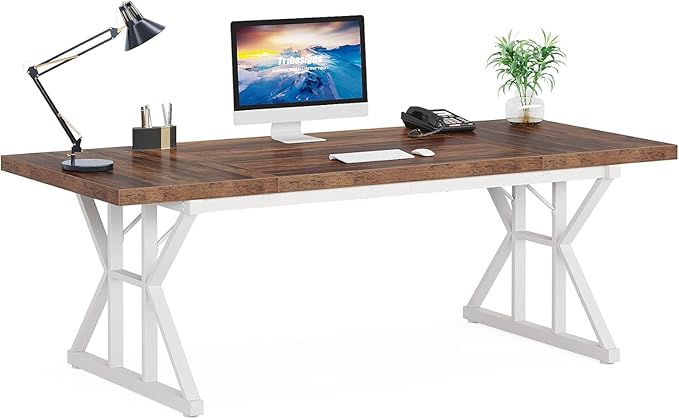 70.8 Modern Executive Computer Desk Wide Writing Desk for Home Office Minimalist Style Workstation Large Study Desk for Bedroom or Workspace White