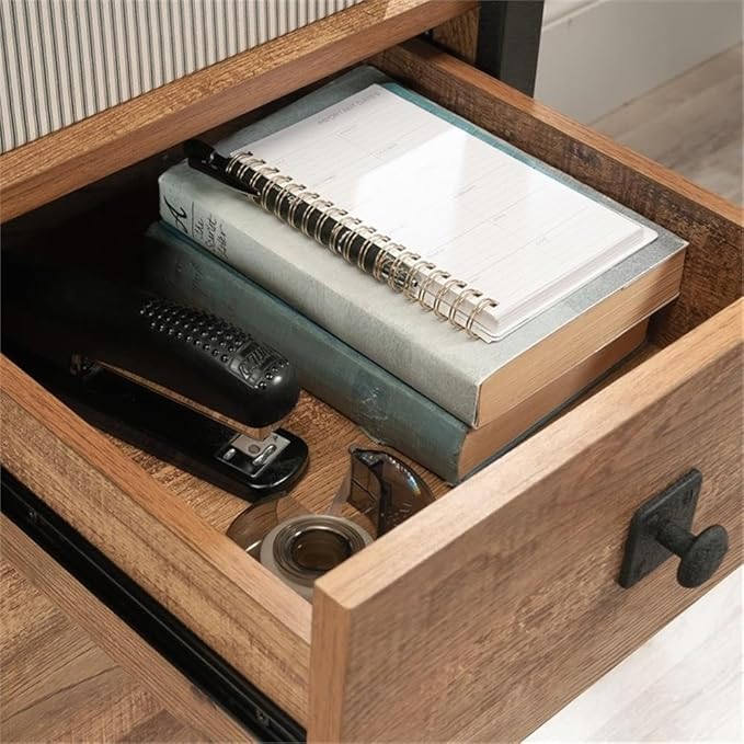 Pemberly Row Contemporary Engineered Wood and Metal Desk 47 in Wide Etched Oak Finish Powder-Coated Metal Frame Spacious Workspace Storage Drawers Home Office Computer Desk