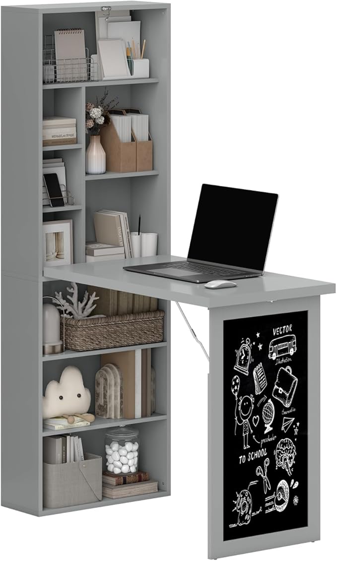 Fold-Out Convertible Office Desk Wall Mount Computer Desk - Metal Charcoal Grey - Foldable Space-Saving Design - Home Office Study - Space-Saving Durable Easy to Assemble
