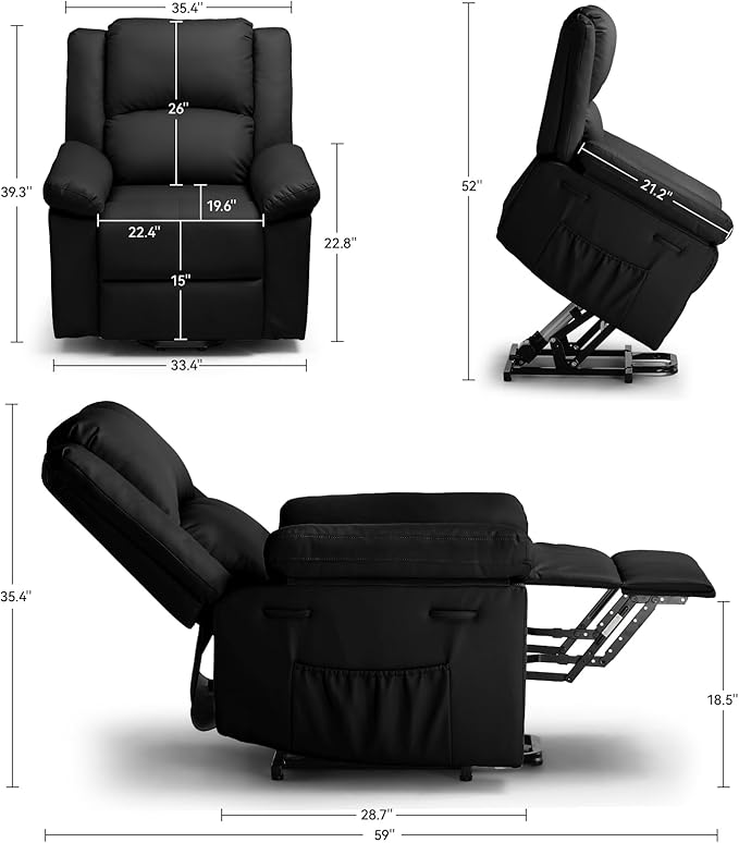 COMHOMA Power Lift Recliner for Elderly Lift Chair with Heat and MassagePU Recliner Sofa with 2 Side Pockets and Infinite Position for Living Room Black