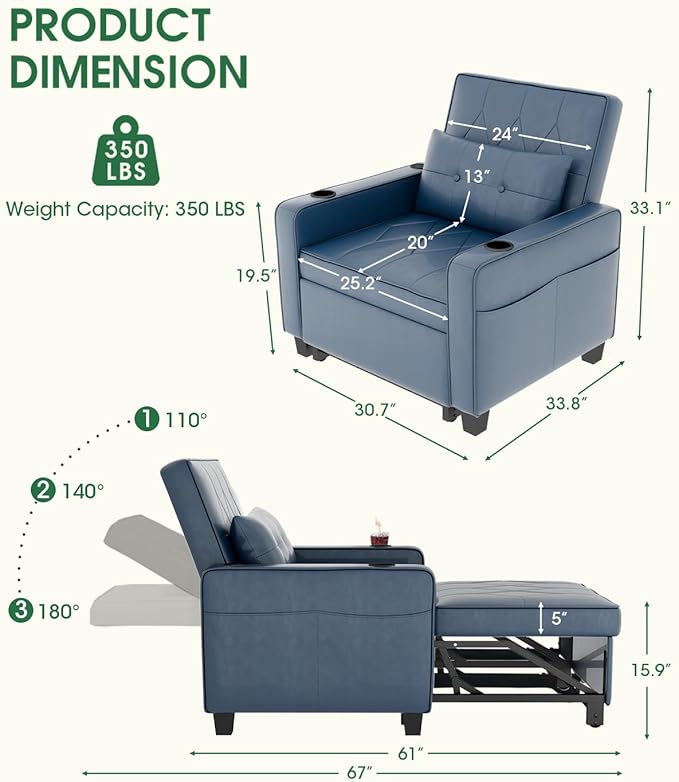 AILEEKISS 3 in 1 Convertible Sleeper Chair Bed Pull Out Leather Sofa Chair Bed with Cup HoldersUSB &amp Type C PortsSide Pockets Sleeper Single Sofa Couch for LivingroomApartmentOffice(Blue)