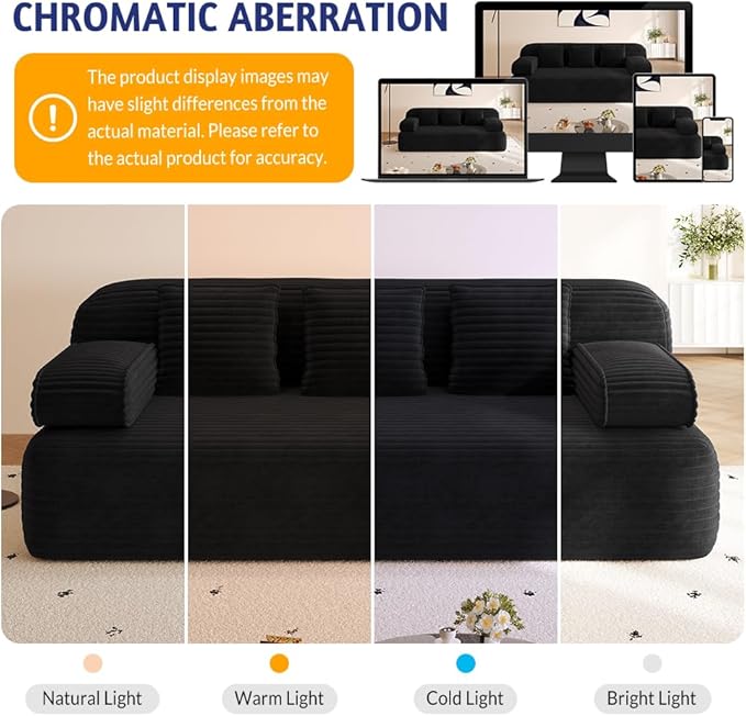78.7 Queen Convertible Sofa Bed 2-in-1 Corduroy Folding Floor Couch with 3 Pillows Sleeper Sofa for Living Room and Bedroom No Assembly Required (Black)
