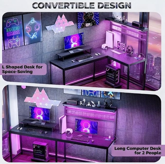 61.6'' L Shaped Gaming Desk with Power Outlets &amp LED Lights Reversible Computer Table with Monitor Stand and CPU Shelf Cornor Office Table PC Desk for Writing Study (Black)