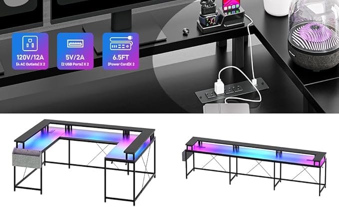 U Shaped Gaming Desk with RGB Lights - 60 Large Computer Desk with Power Outlets &amp USB Ports Sturdy l-Shaped Corner Desk for Home Office Ergonomic Workstation with Flip-Up Tabletop