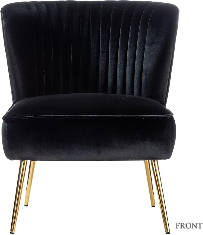 Tina's Home Velvet Armless Accent Chair Upholstered Modern Small Side Chair with Golden Legs Comfy Cute Wingback Slipper Chair for Living Room Study Beauty Room Thickly Padded(Black)