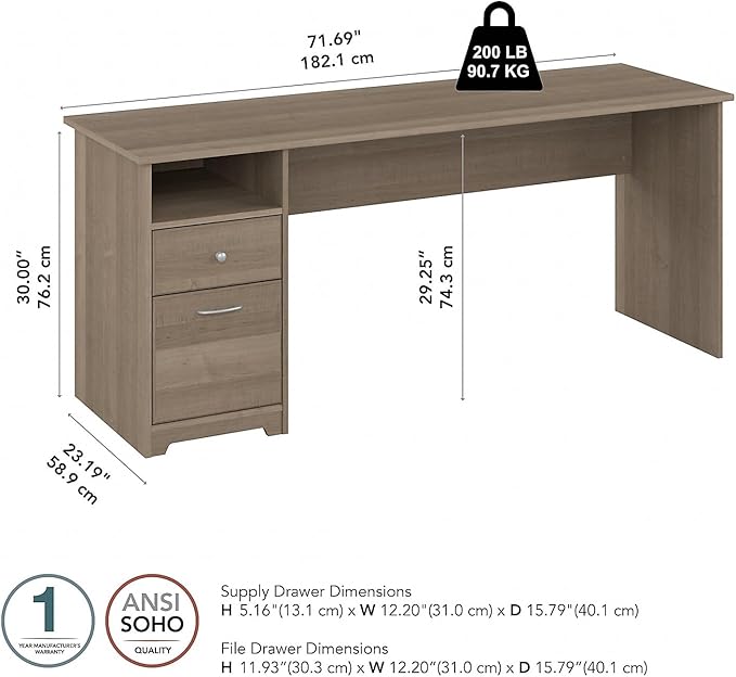 Bush Furniture Cabot 72W Computer Desk with Drawers in Ash Gray Large Work Table and Built-in Storage for Home Office 6 Foot Long Desktop