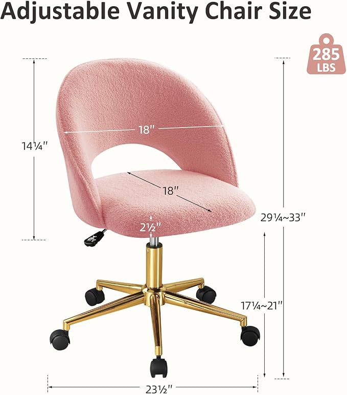Furniliving Vanity Desk Chair with Wheels Cute Office Chair with Back for Girls Rolling Upholstered Armless Desk Chair with Gold Metal for Living Room Makeup Room Bedroom Pink-Sherpa