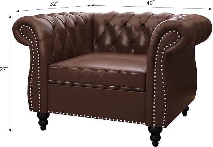 RARZOE PU Chesterfield Chairs Chesterfield Faux Leather Club Chair Chesterfield Button Tufted Leather Accent Chair with Nailhead Trim Scrolled Arms for Living Room Bedroom Office Dark Brown