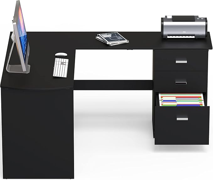 SHW 51 x 59 Inches L-Shaped Home Office Wood Corner Desk with Box Box File Drawers Black