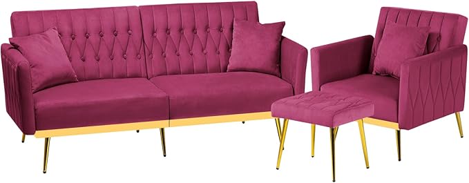 2 Pieces Velvet Futon Sofa Set with Adjustable Backrests and Armrests 70” Convertible Sofa Bed &amp Tufted Accent Chair with Ottoman for Living Room Fuchsia