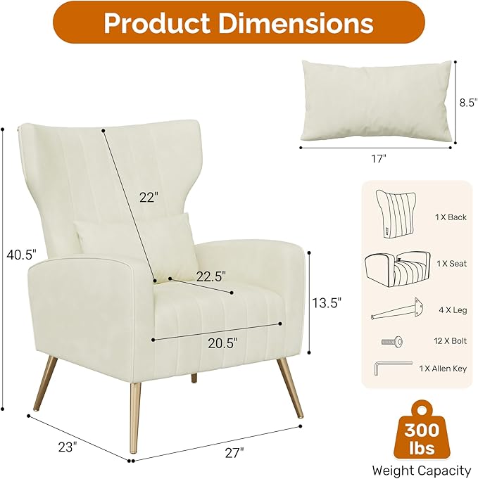Beige Velvet Accent Chair Set of 2 Wingback Chair for Living Room High Back Arm Chair with Golden Legs Lumbar Pillow Upholstered Single Sofa Bedroom