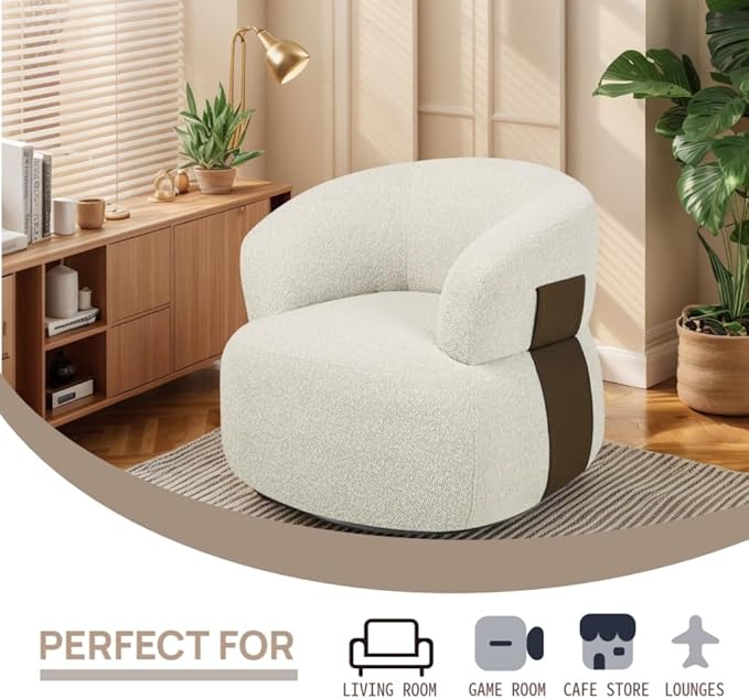 Swivel Barrel Accent Chairs-Modern Round Club Arm Chair Upholstered Living Room Armchair Single Sofa Seating Bedroom Side Reading Seat for Living Roon Office (Beige-Chenille 1*Seat)