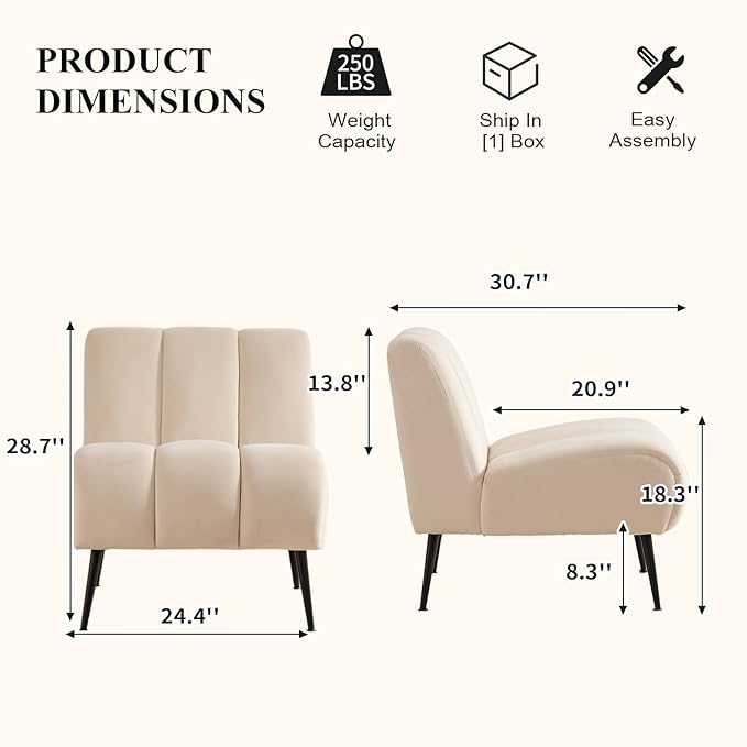 Modern Accent Chair Velvet Upholstered Fuzzy Club Chairs with Tufted Design Comfy Living Room Chair with Metal Legs Padded Reading Chair for Reading Room (Beige-Velvet)