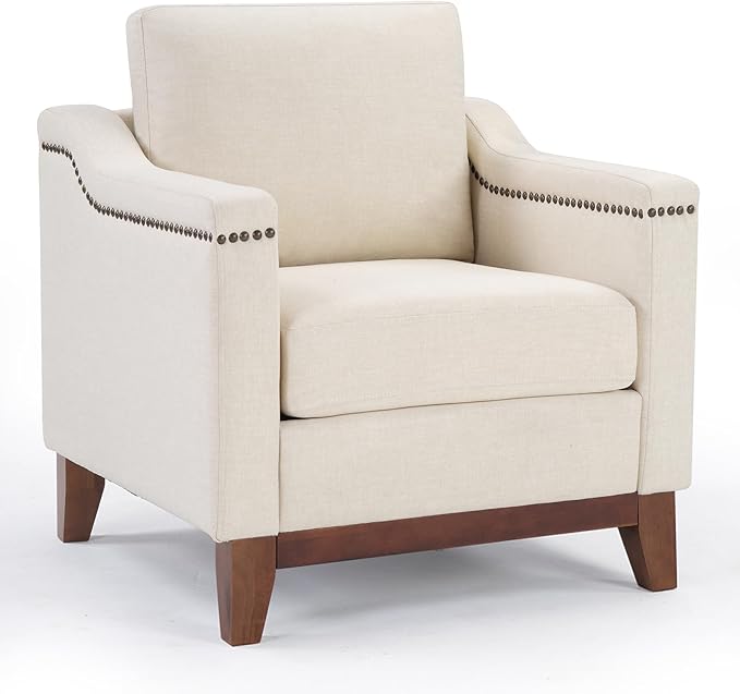 Vintage Upholstered Armchair with Nailhead Trim and Solid Wood Legs Comfortable Accent Chair for Living Room &amp Bedroom Beige