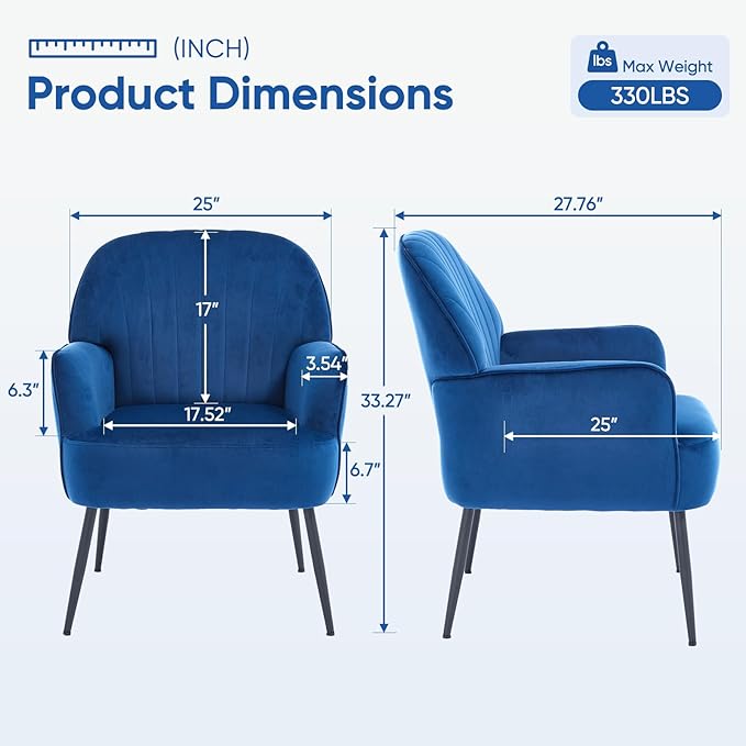Velvet Accent Chair Upholstered Modern Leisure Single Sofa Side Living Room Chair Comfy Tufted Back Armchair with Metal Legs for Waiting Room/Bedroom/Office/Reading Room Blue