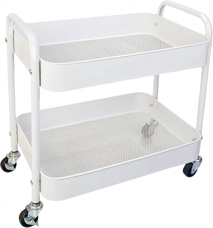 2 Tier Metal Rolling Cart with Wheels for Under Desk Storage &amp Pantry Storage High Load-Bearing Kitchen Utility Cart for Small Space Laundry Room Organization Side Table with 4 Hooks White