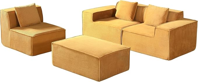Harper Convertible Corduroy Sectional Couch with Ottoman &amp Pillows Modular L Shaped Sleeper Sofa Boneless Cloud Couch for Living Room Furniture Ginger Yellow