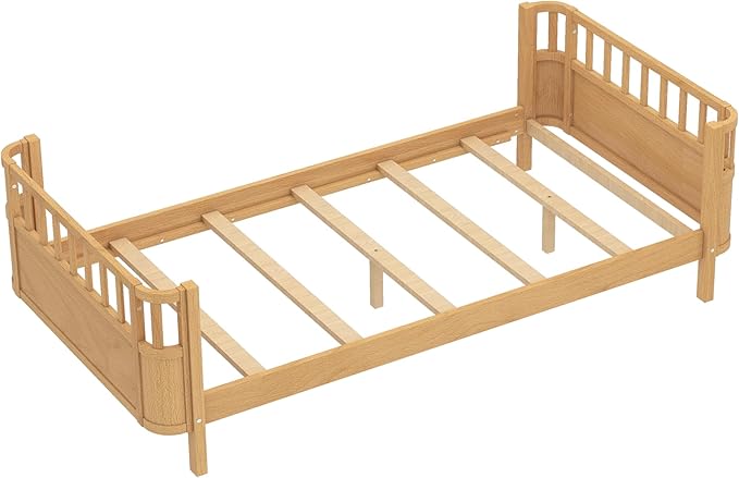 Bellemave Twin Size Montessori Bed with Fence and Slats Natural