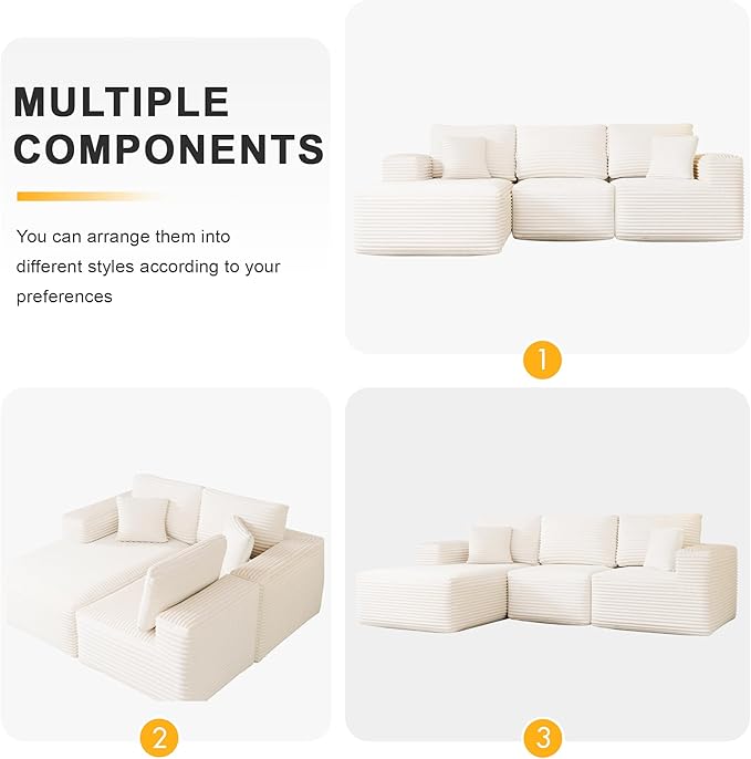104 Modular Sectional Sofa with L-Shape Chaise Modern Upholstered Cloud Couches for Living Room Bedroom No Assembly Required Cream
