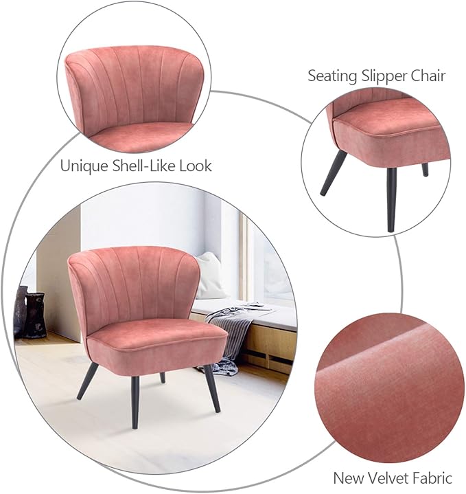 DUHOME Living Room Chair Armless Slipper Accent Chair Sofa Chair Reading Chair Upholstered Velvet Fabric for Bedroom Pink