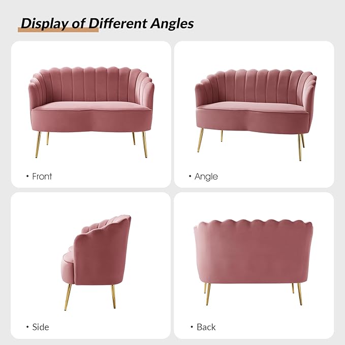 Velvet Upholstered Loveseat Sofa with Gold Metal Legs Modern Comfy Small Love Seat with Flower Shaped Back 2-Seater Sofa Accent Couch for Living Bedroom Leisure Areas Rose Wood