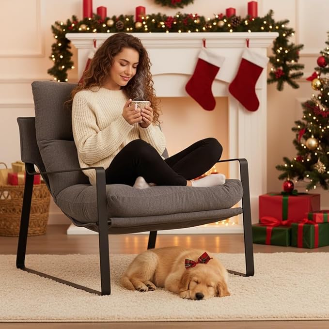 LukeAlon Modern Linen Accent Armchair Upholstered Living Room Chair with Metal Base Thickened Cushion Single Sofa Chair Comfy Lounge Chair for Bedroom Living Room Grey