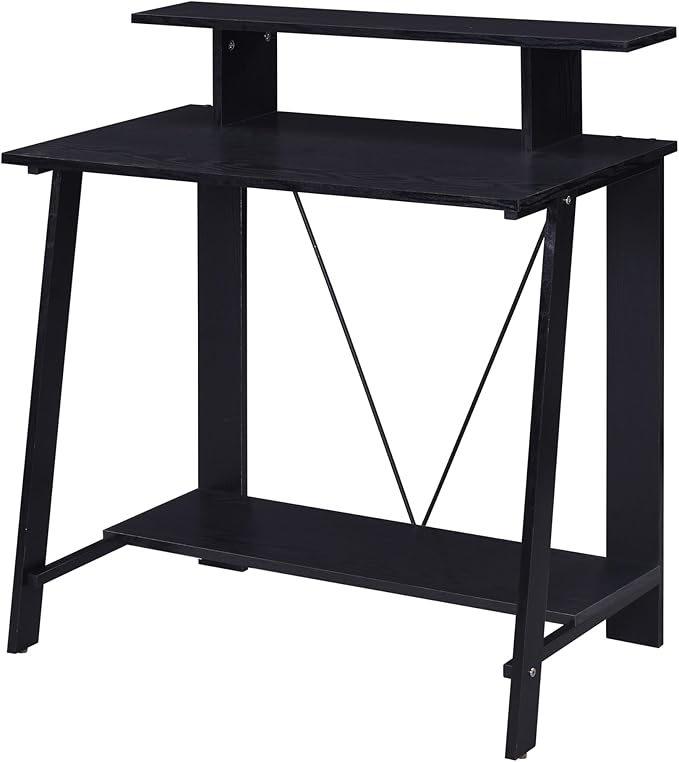 Black Rectangular Writing Desk with Upper Shelf - Storage Desk for Study Office &amp Home