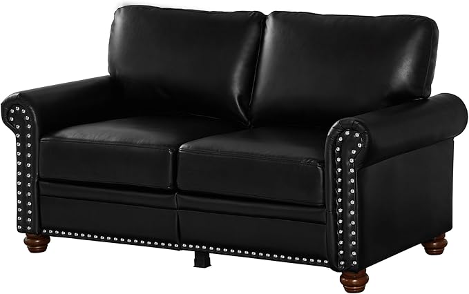 59 Faux Leather Pu Loveseat Underseat Storage Classic Love Seat Couch Elegance 2 Seat with Rolled Armrests Nailhead Trim Wood Legs Traditional Living Room Accent Sofa 2 Seat-Black