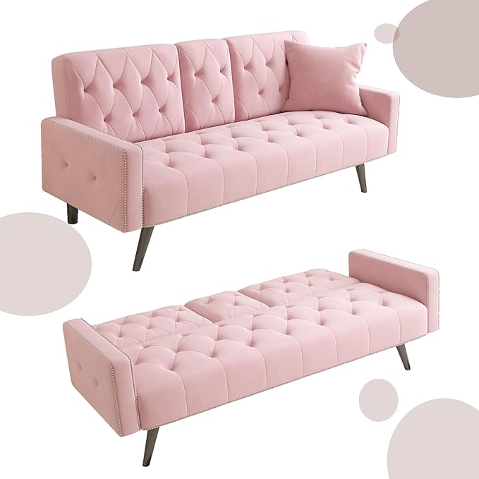 Modern Velvet 2 in 1 Futon Sofa BedConvertible Folding Sleeper Bed Couches with 2 Pillows73 Tufted Recliner Love Seat with Golden Chrome Legs for Living Room Apartment Office (Pink)