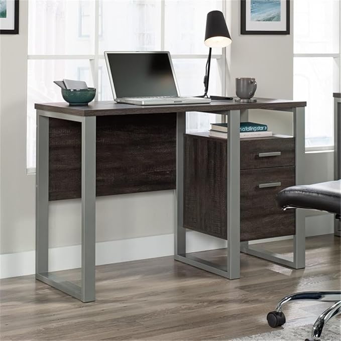 Pemberly Row Contemporary Single Pedestal Desk 45 in Wide Engineered Wood and Metal Construction Blade Walnut and Silver Finish with Storage Drawers and Shelf Home Office Computer Table