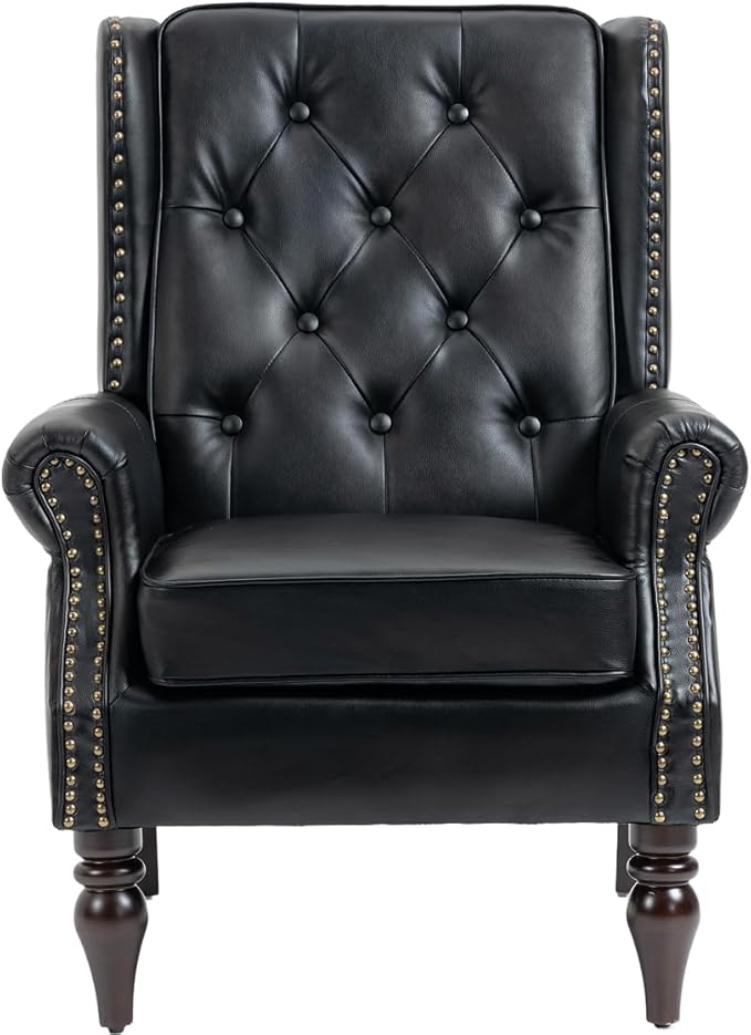 Mid-Century Wingback Chairs Set of 2Faux Leather Accent Chairs Armchair with ButtonsModern Living Room Chairs with Rivet DecorationSingle Sofa Chair for BedroomClubHome Reception (Black)