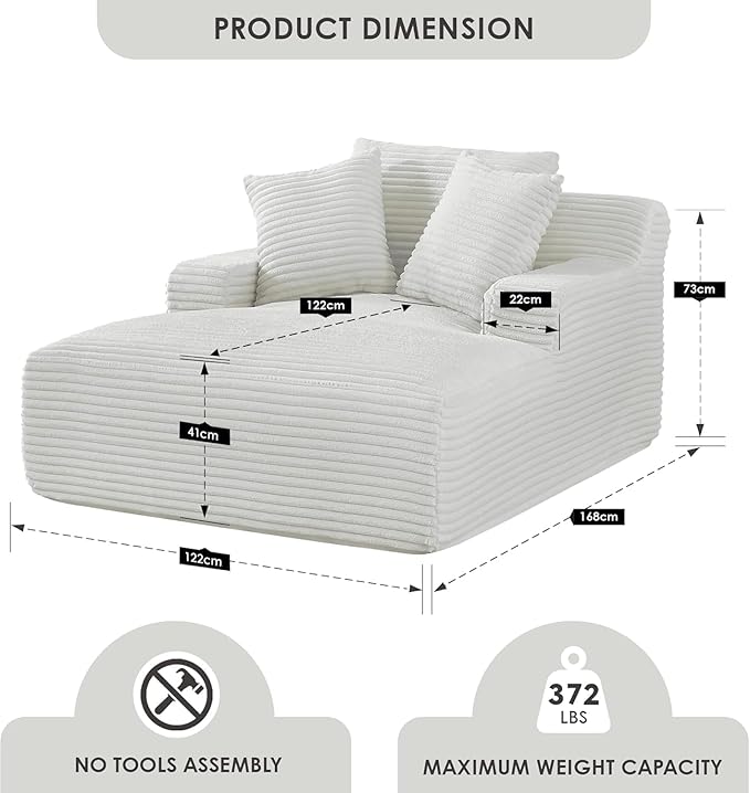 Container Furniture Chamden Oversized Chaise Lounge Chair Modern Corduroy Sofa Bed with Full Foam Cushioning Cozy Convertible Sleeper for Living Room or Bedroom Ivory