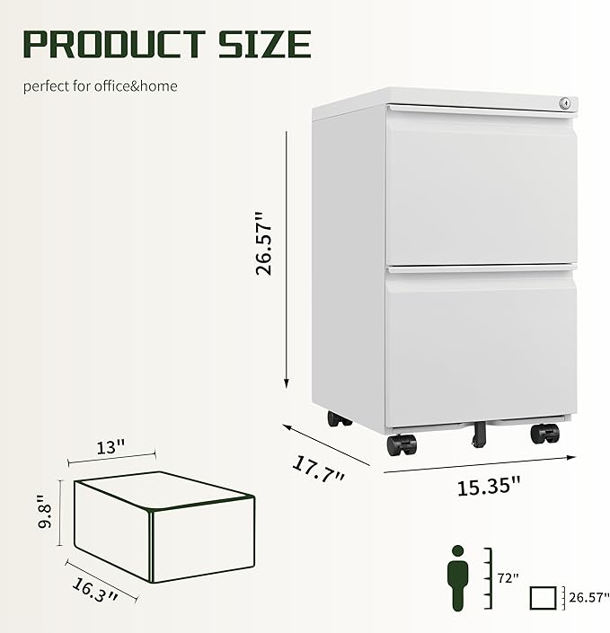 2 Drawer File Cabinet with LockRolling Filing Cabinet with Wheels for Home OfficeUnder Desk Metal File CabinetOffice Storage OrganizerWhite
