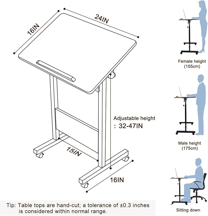 KOUPA Height Adjustable Mobile Standing Desk 16×24 in360° Flip Desk Stand Desks Home Office Table Standing for Small Space OfficesEasy to Assemble(Adjustable Height: 32in-47in)