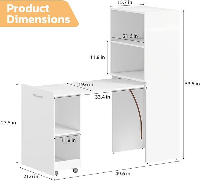 Folding Desk with Storage Convertible Table with Shelves &amp Wheels Craft Cabinet with Fold Out Table Compact Computer Desk for Small Space Reversible L Shaped Desk - White