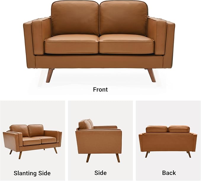 Kingfun Living Room Furniture Sets Loveseat with Ottoman Mid Century Modern Sofa Set Faux Leather Couch with Solid Wood Frame for Living Room &amp Bedroom Brown