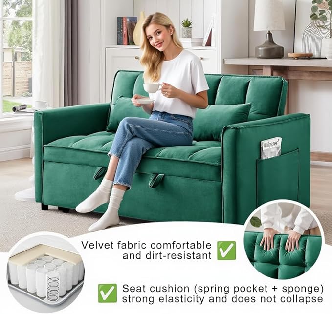 Convertible Sofa Bed 3 in 1 Pull Out Couch with Side Pockets Velvet Fabric Loveseat Sleeper Sofa Bed Pull Out Couch with Adjustable Backrest for Living Room Bedroom Apartment Green