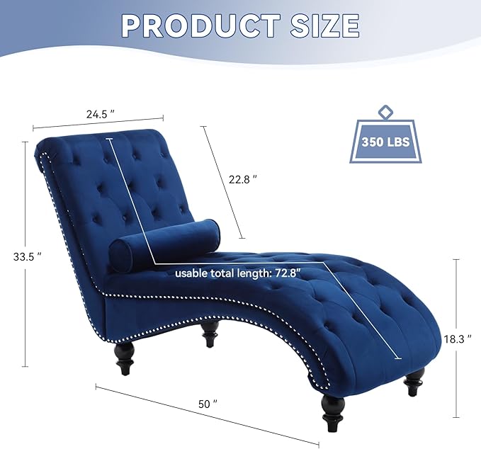 Velvet Chaise Lounge Chair Indoor Comfy Upholstered Chaise Lounge with Pillow and Solid Wood Legs Button Tufted Leisure Sofa Recliner for Living Room Bedroom Office Apartment (Blue)