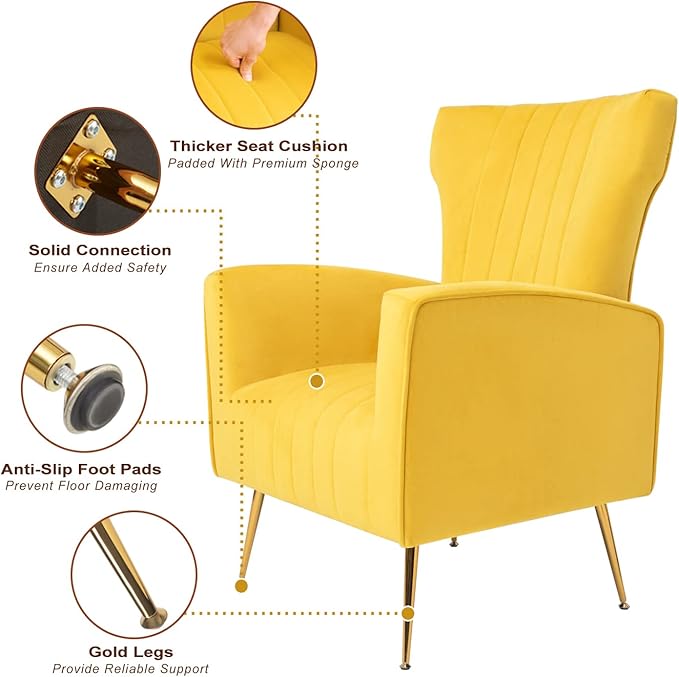 Generic Velvet Accent Chair Wingback Arm Chair with Gold Legs Upholstered Single Sofa for Living Room Bedroom Yellow