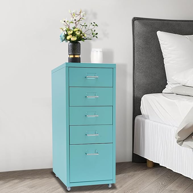 Metal File Storage CabinetSide Storage OrganizerFreestanding Storage UnitMetal Garage Storage DrawerStorage Cabinet with 5 Drawers and Wheels for OfficeHomeSchoolBlue11 * 16.1 * 27.1in