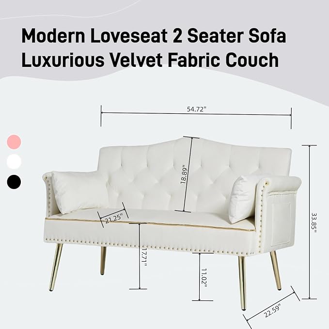Small Velvet Loveseat Sofa with Gold Metal Legs55-inch Modern Sofa Couch with 2 Side PocketsCouch with Tufted Backrest for Living Room Bedroom Office (Beige)