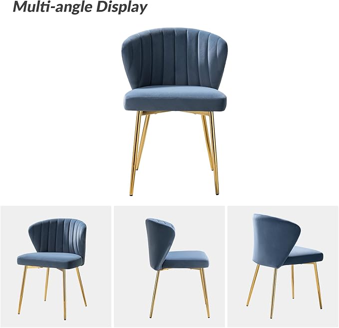 HULALA HOME Velvet Dining Chairs Modern Small Armless Accent Chair with Gold Metal Legs Living Room Upholstered Cute Side Chair Elegant Tufted Back Vanity Chair for Bedroom Slate-Blue