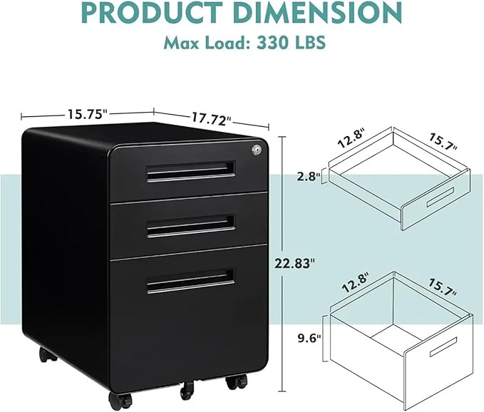 Mobile File Cabinets Mobile Filing Cabinet 3 Drawer Modern Black for Home Office(Black)